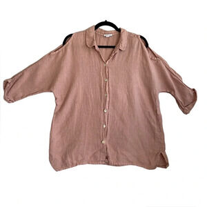 Saks Fifth Avenue Womens Button  Up Linen Cold Shoulder Blouse Blush Pink Sz L